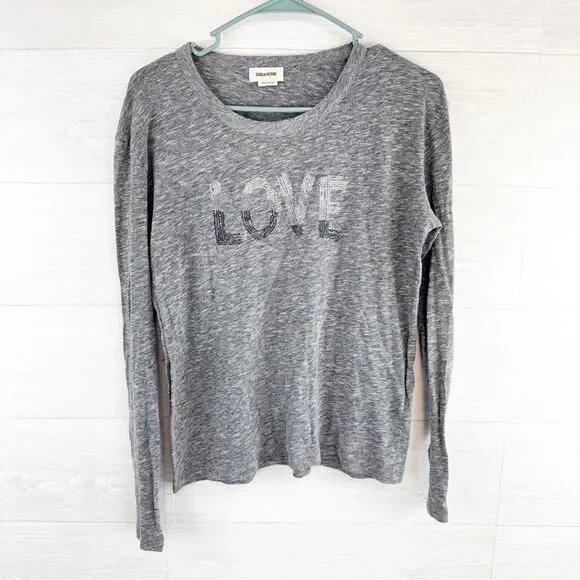 Zadig & Voltaire Willy Chine Love rhinestone Long Sleeve Top - Picture 3 of 8